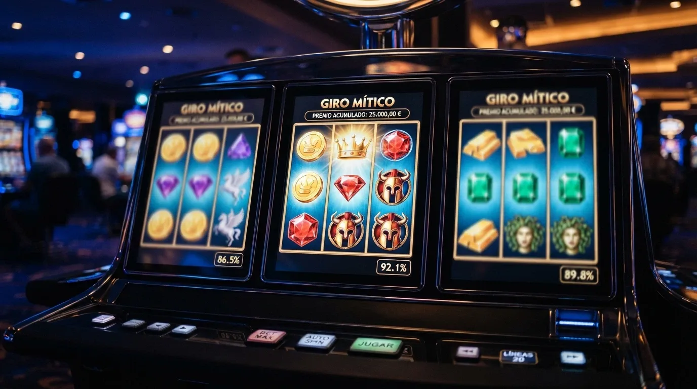 Tres carretes de tragaperras alineados mostrando símbolos de los slots con mayor RTP analizados — Gates of Olympus, Blood Suckers y 1429 Uncharted Seas — con su porcentaje de RTP visible en una esquina de cada pantalla