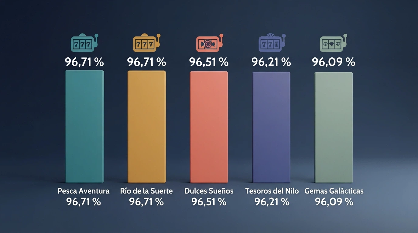 Una cuadrícula con cinco tragamonedas populares — Big Bass Splash, Sweet Bonanza, Starburst, Book of Dead y Big Bass Bonanza — cada una con su porcentaje de RTP junto al título