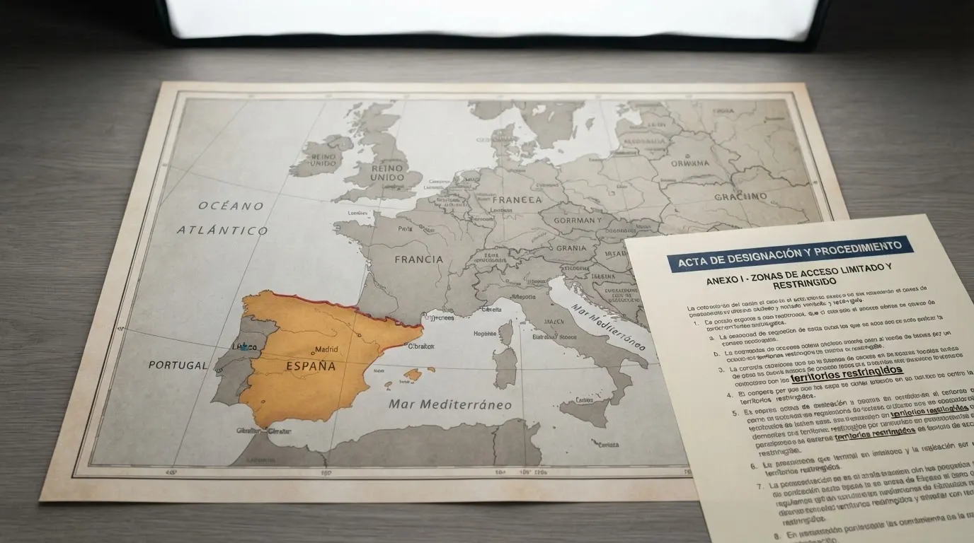 Mapa de Europa con España resaltada en un color de advertencia, junto a un extracto de documento oficial donde se lee «restricted territories»