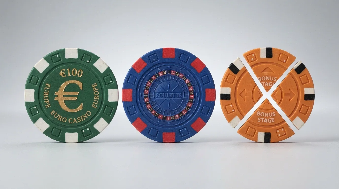 Tres fichas de casino alineadas — una verde con el símbolo del euro, una azul con una ruleta, una naranja partida en tres fragmentos — representando los tres tipos de bono