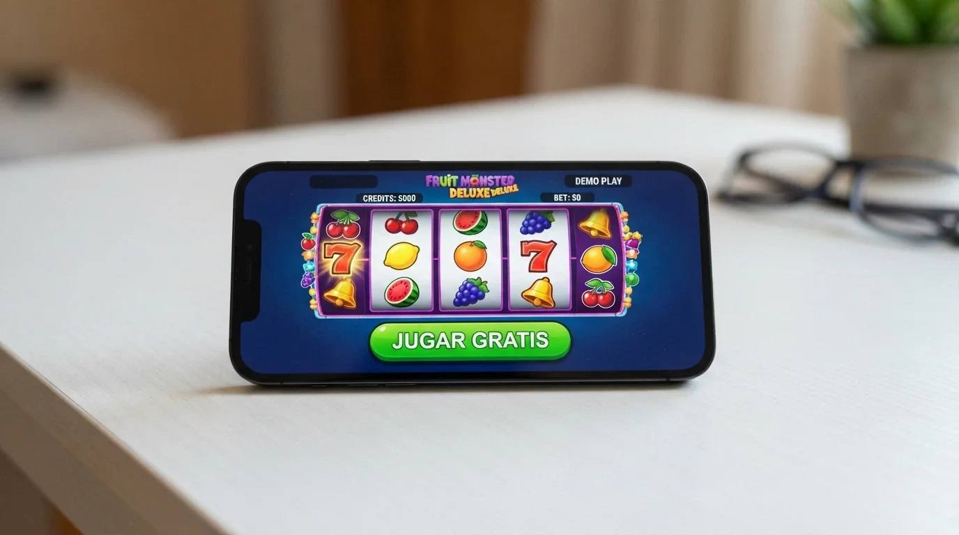 Interfaz de una tragaperras en modo demo dentro del navegador de un móvil, con el botón «jugar gratis» visible y sin ventana de registro