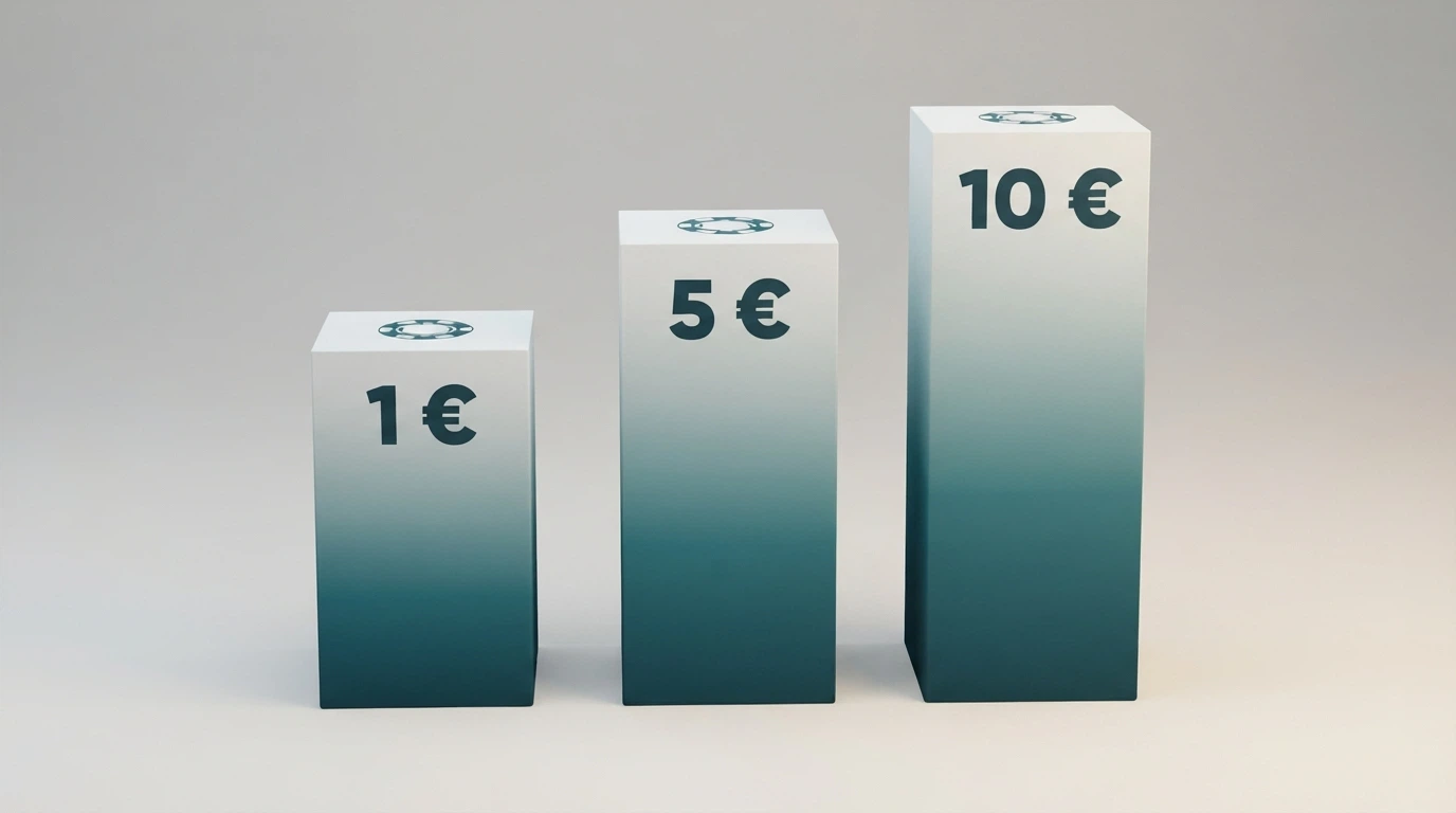 Representación visual de los tres tramos de depósito — 1€, 5€ y 10€ — con iconos de casino y el símbolo €