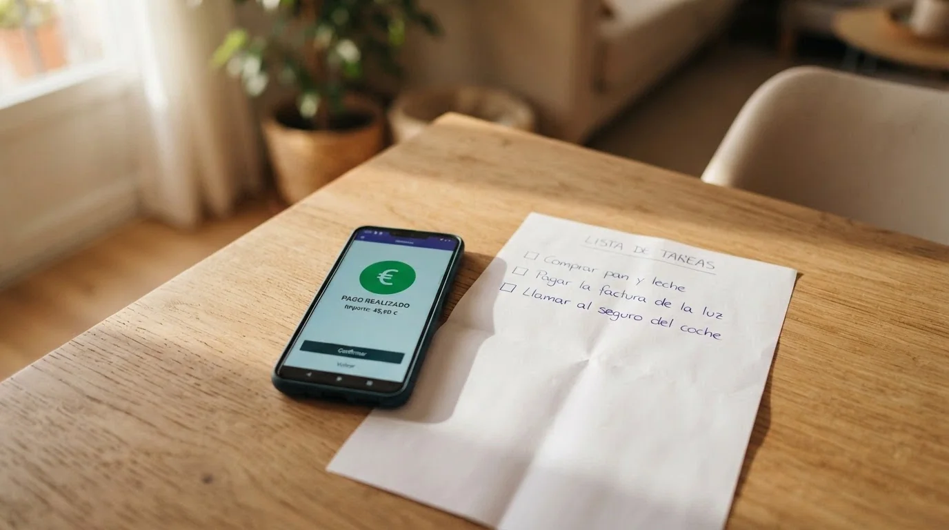 Un móvil con la app CaixaBank Pay sobre una mesa con una lista de verificación: licencia DGOJ, rollover, depósito mínimo