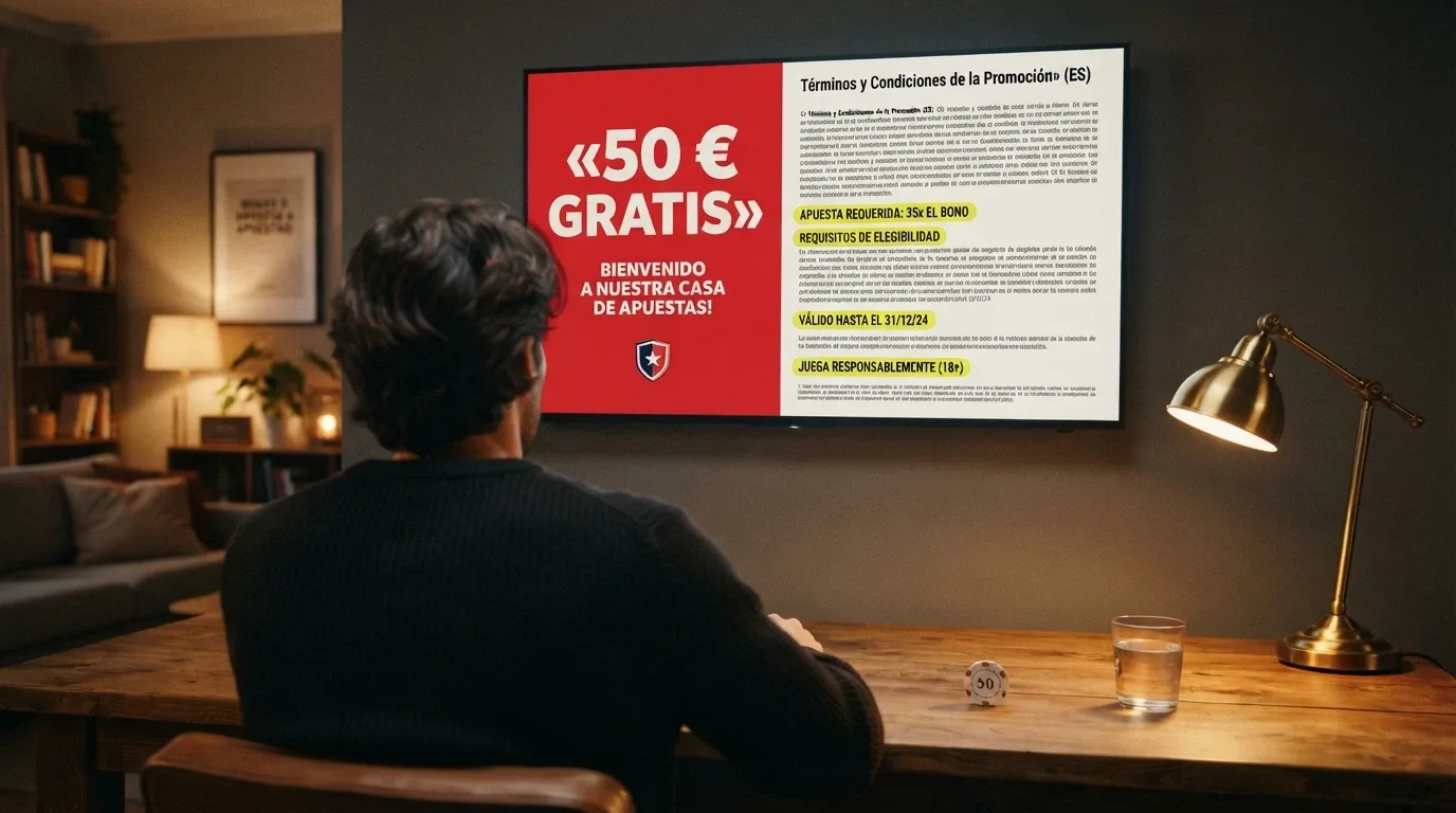 Un jugador frente a una pantalla partida: a la izquierda, un banner de «50 € gratis»; a la derecha, los términos del bono subrayados