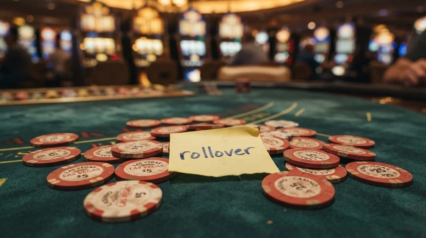 Primer plano de unas monedas de euro sobre una mesa de juego, con una tragaperras desenfocada al fondo y la palabra «rollover» escrita en una nota adhesiva